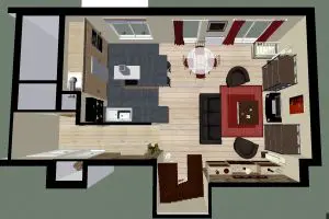 Plan 3D d'intérieur avec cuisine, salle à manger et salon