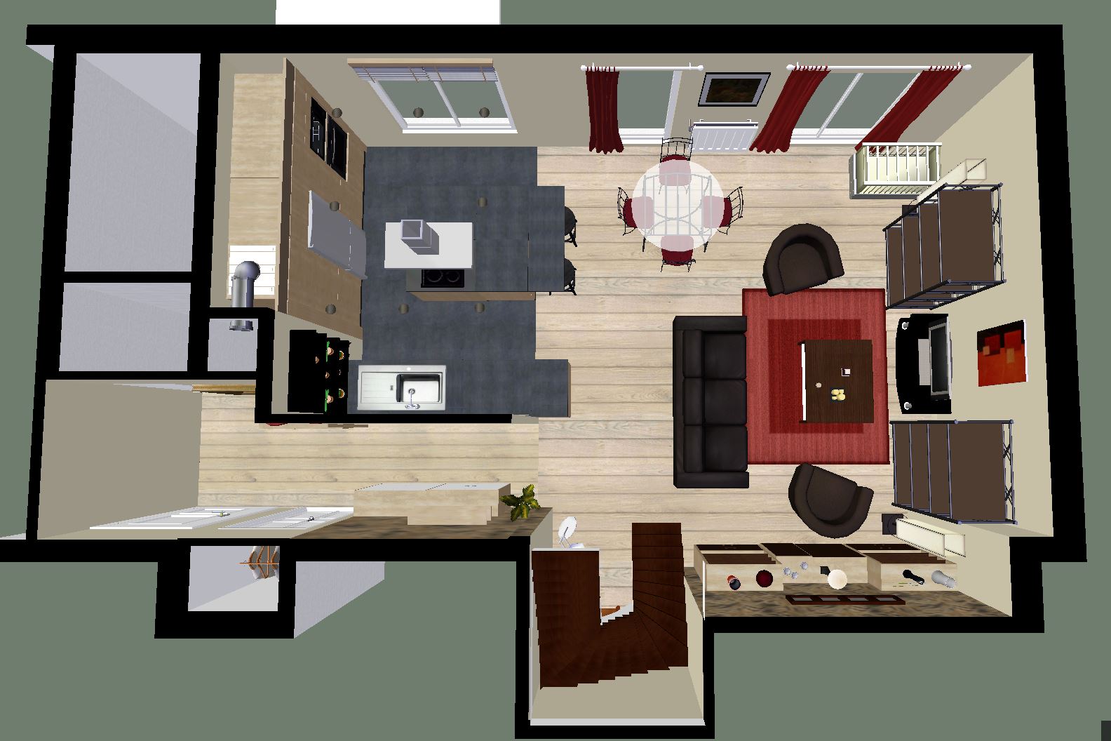 Plan 3D d'intérieur avec cuisine, salle à manger et salon